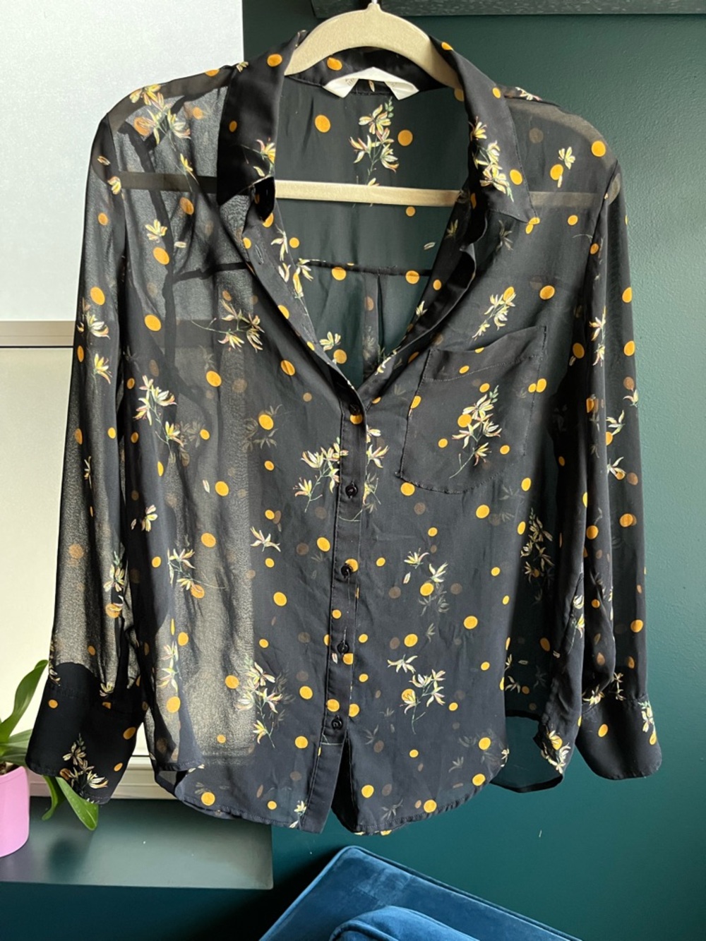 Zara Black Sheer Button-Down Shirt with Mustard Polka Dot & Floral Print